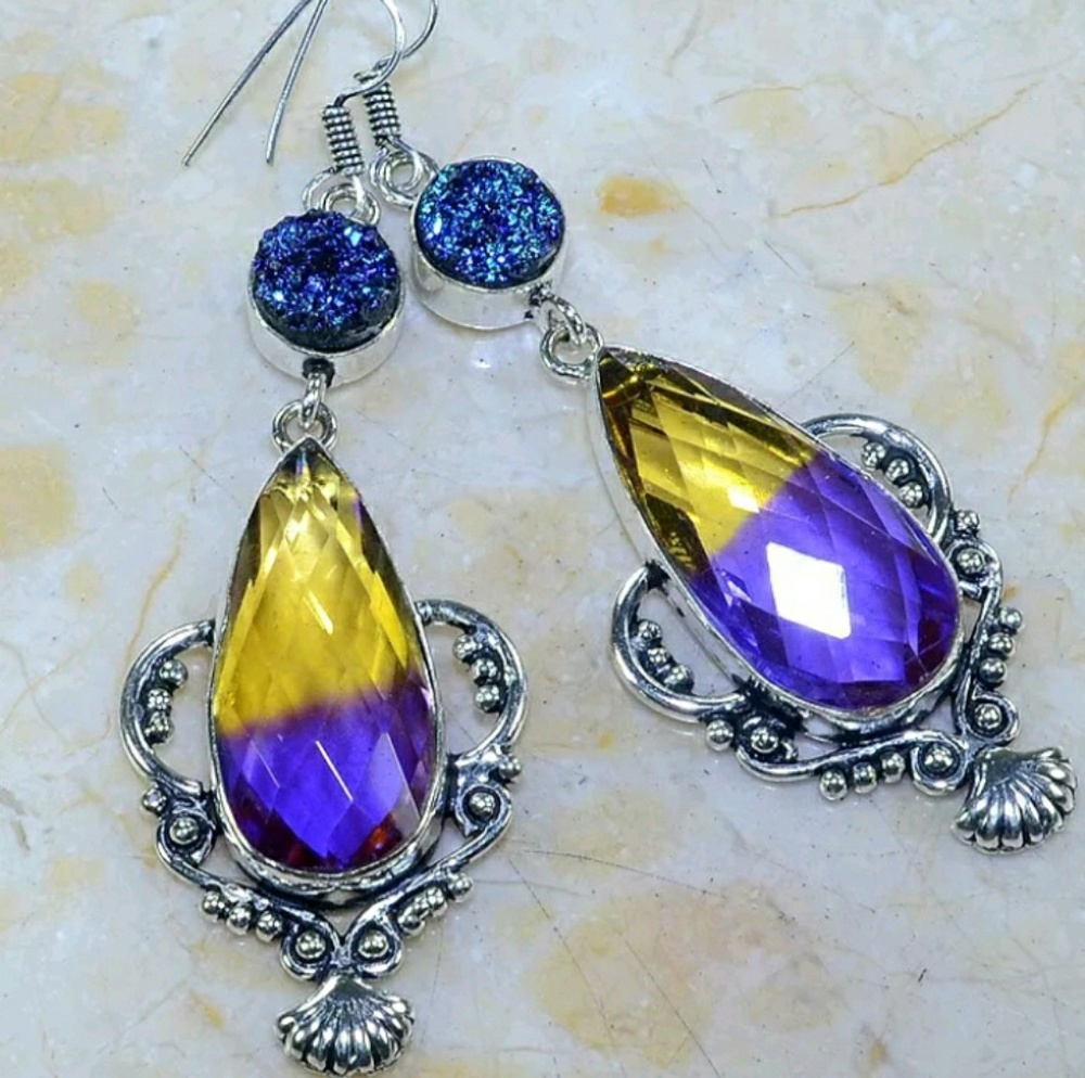 New Ametrine & Titanium Druzy Silver Statement Earrings.